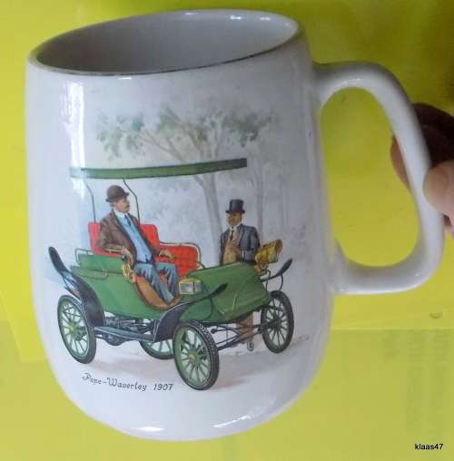 WILLSGROVE WARE POTTERY, RHODESIA MUG with POPE-WAVERLEY 1907 VINTAGE CAR