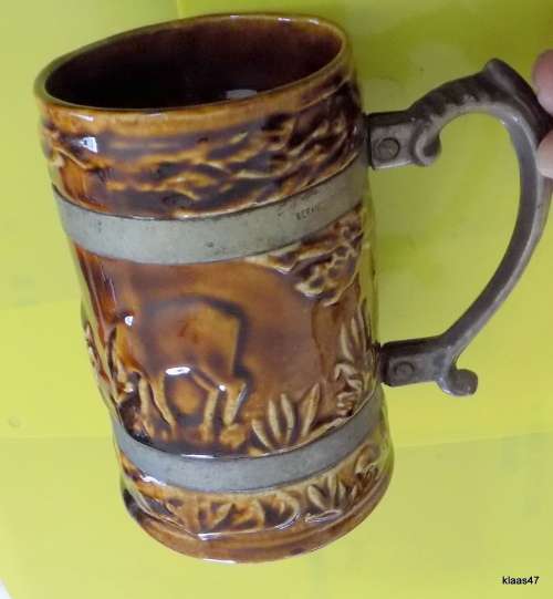 LUCIA WARE BEER MUG WITH SERANCO EP ON C HANDLE AND BANDS 14.5cm HIGH