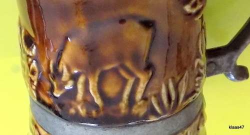 LUCIA WARE BEER MUG WITH SERANCO EP ON C HANDLE AND BANDS 14.5cm HIGH