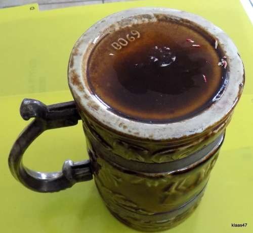LUCIA WARE BEER MUG WITH SERANCO EP ON C HANDLE AND BANDS 14.5cm HIGH