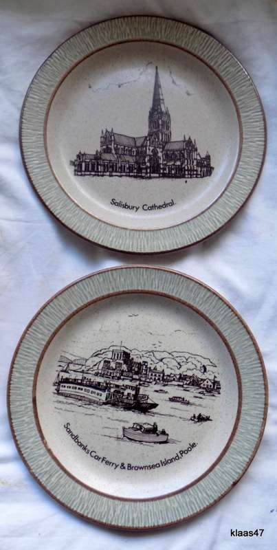 Purbeck Pottery Plates - England : Salisbury Cathedral and Sandbanks Car Ferry Poole