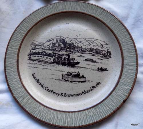 Purbeck Pottery Plates - England : Salisbury Cathedral and Sandbanks Car Ferry Poole