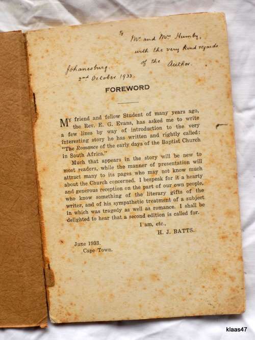 Baptist Church Of South Africa - Rev E G Evans - Small Paperback (1933) (Inscribed By Author)