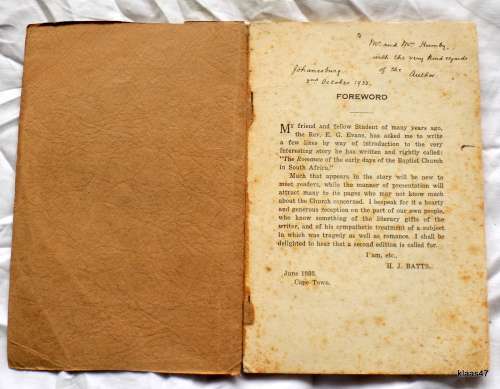 Baptist Church Of South Africa - Rev E G Evans - Small Paperback (1933) (Inscribed By Author)