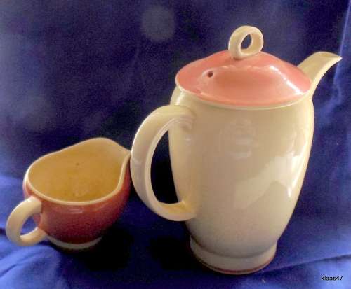 Susie Cooper Art Deco Blush Pink and Ivory Colour Falcon Coffee Pot and Creamer