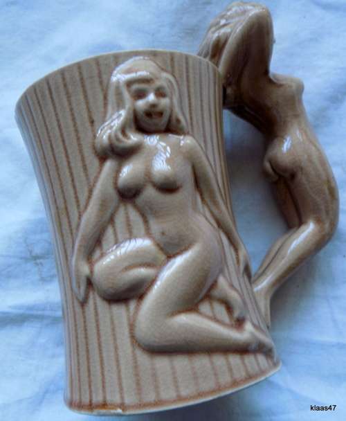 Naked lady Ceramic mug with posing lady handle and 3D Ladies each side of mug