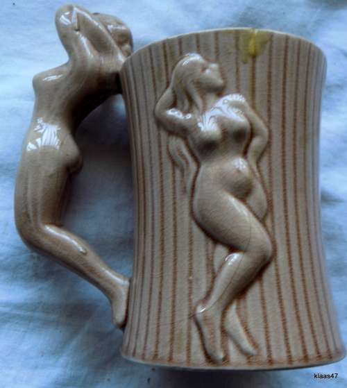 Naked lady Ceramic mug with posing lady handle and 3D Ladies each side of mug