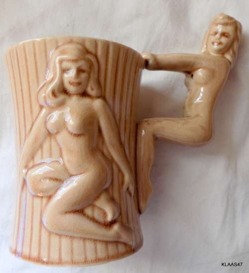 Naked lady Ceramic mug with posing lady handle and 3D Ladies each side of mug