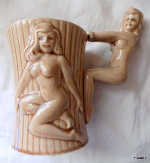 Naked lady Ceramic mug with posing lady handle and 3D Ladies each side of mug