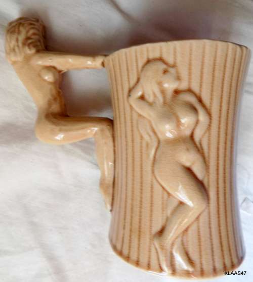 Naked lady Ceramic mug with posing lady handle and 3D Ladies each side of mug