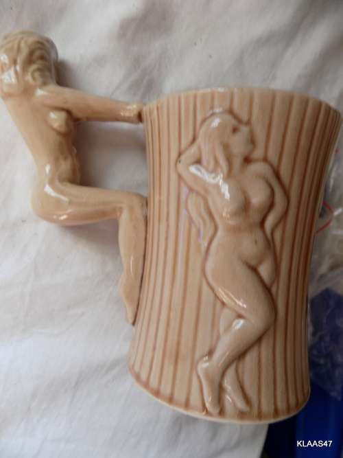Naked lady Ceramic mug with posing lady handle and 3D Ladies each side of mug