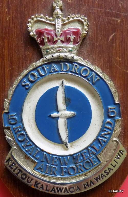 Wooded plaque with Royal New Zealand Air Force 5 Squadron Crest