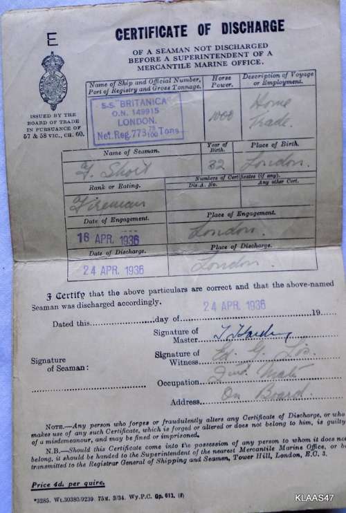 CONTINUOUS CERTIFICATE OF DISCHARGE R18126 - ENTRIES FROM 21-12-26 TO 14 JAN 1937