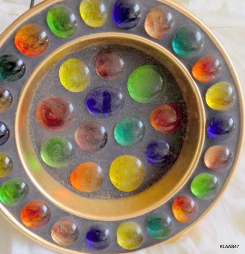 Vintage Metal Ashtray Shape Bowl with Multicolour Glass Discs set in Clay