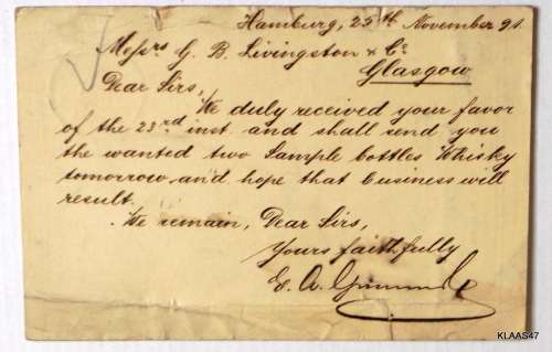 Deutschland - Postkarte-Weltpostverein - Postally used - Hamburg 25-11-1891 to Glasgow