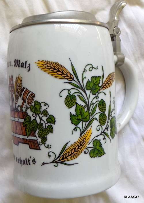 LIDDED CERAMIC STEIN - HOPS and MALT - MAY THE LORD PRESERVE IT