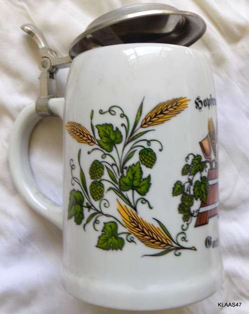 LIDDED CERAMIC STEIN - HOPS and MALT - MAY THE LORD PRESERVE IT