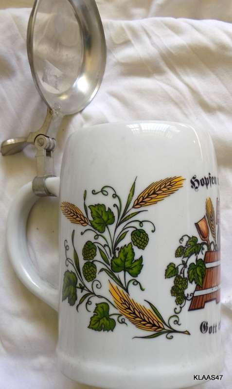 LIDDED CERAMIC STEIN - HOPS and MALT - MAY THE LORD PRESERVE IT