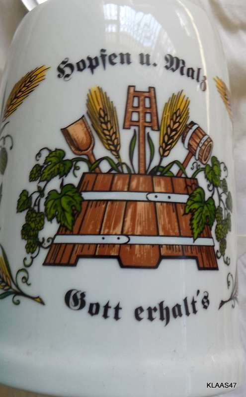 LIDDED CERAMIC STEIN - HOPS and MALT - MAY THE LORD PRESERVE IT