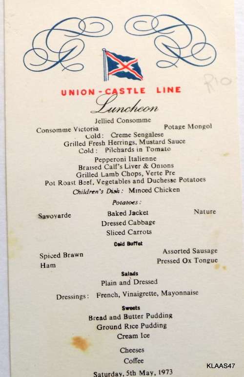 Union Castle Line  Luncheon Menu 5 May 1973