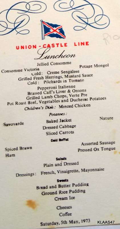Union Castle Line  Luncheon Menu 5 May 1973