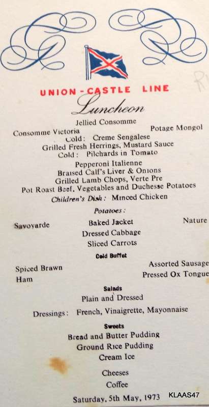 Union Castle Line  Luncheon Menu 5 May 1973