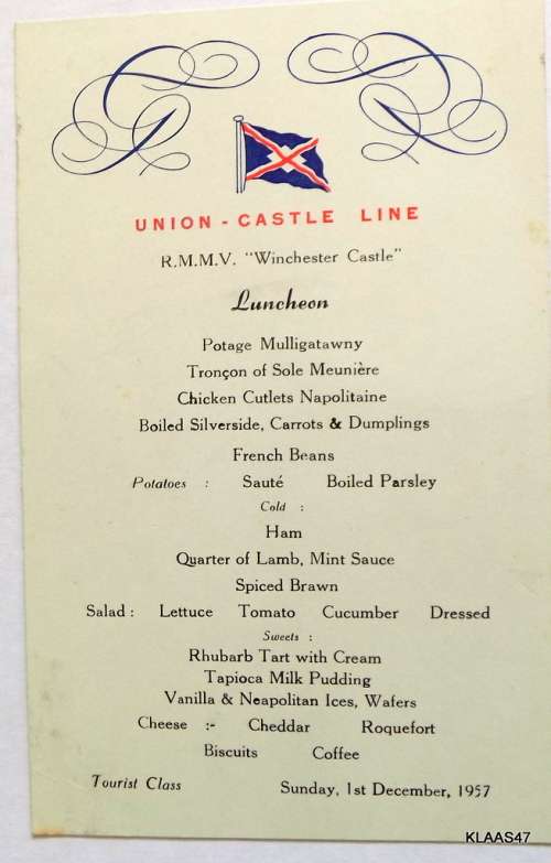 Union Caste Line RMMV Winchester  Castle  Luncheon Menu 1 December 1957