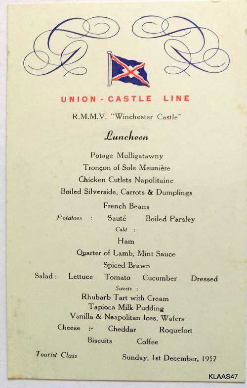 Union Caste Line RMMV Winchester  Castle  Luncheon Menu 1 December 1957