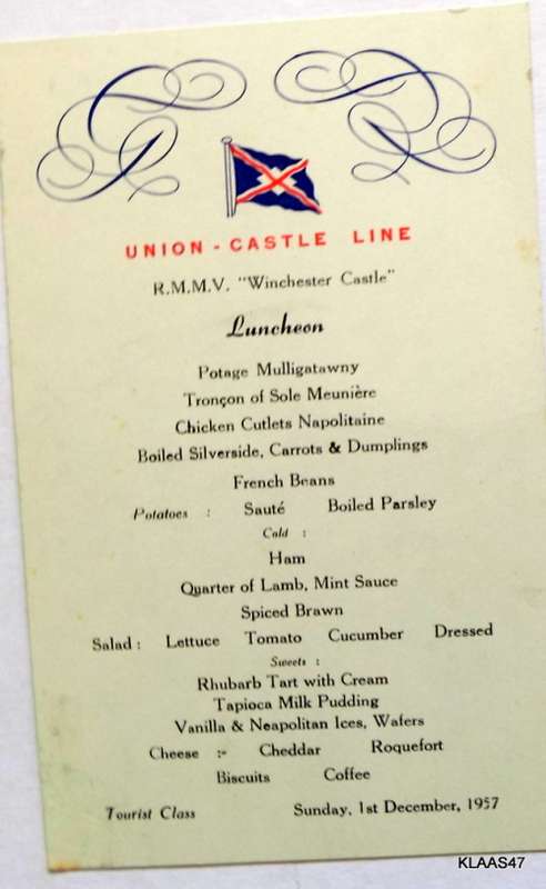 Union Caste Line RMMV Winchester  Castle  Luncheon Menu 1 December 1957