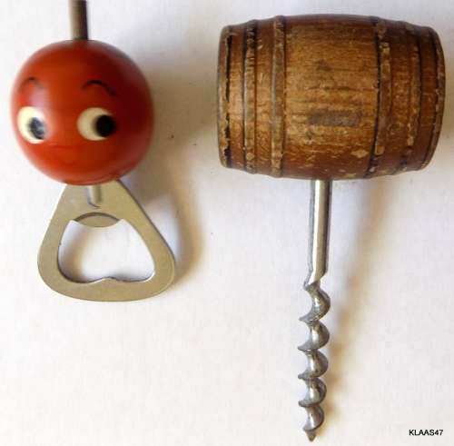 Vintage Bottle Opener and Cork Screw (Wooden Barrel type handle)