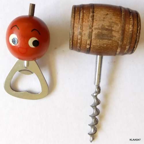 Vintage Bottle Opener and Cork Screw (Wooden Barrel type handle)