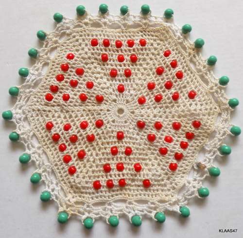 Crochet beaded doilie - milk jug- sugar bowl cover - Red and Green beads - 15cm Diameter