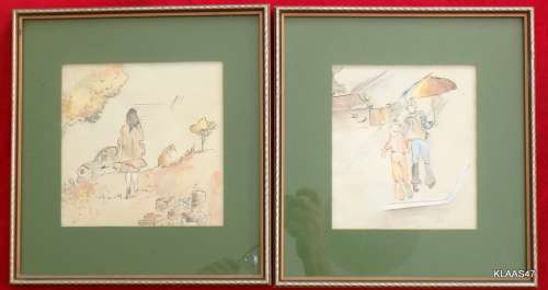 2 UNSIGNED INK SKETCHES WITH WATERCOLOUR SHADING - FRAMED