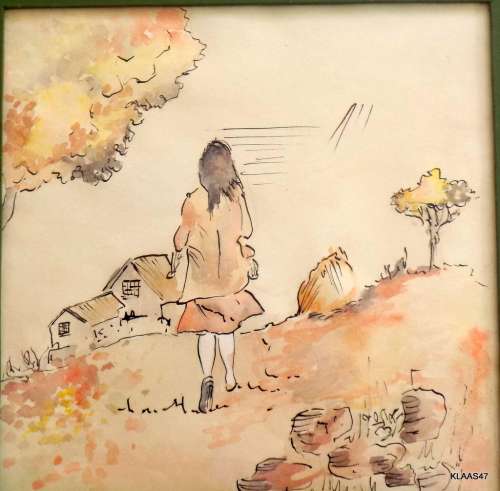 2 UNSIGNED INK SKETCHES WITH WATERCOLOUR SHADING - FRAMED