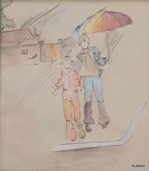 2 UNSIGNED INK SKETCHES WITH WATERCOLOUR SHADING - FRAMED