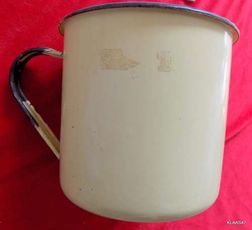 VINTAGE EXTRA LARGE ENAMEL MUG YELLOW WITH BLACK TRIM