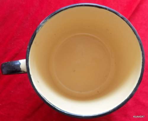 VINTAGE EXTRA LARGE ENAMEL MUG YELLOW WITH BLACK TRIM