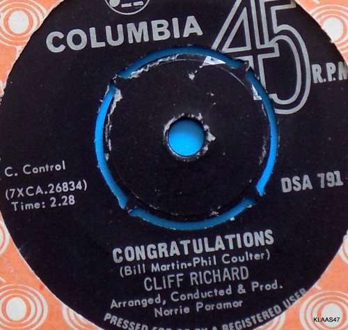 Cliff Richard  High `N` Dry -  Columbia  DSA 791 - 7` Single - South Africa 1968