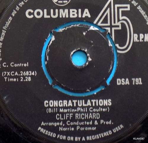 Cliff Richard  High `N` Dry -  Columbia  DSA 791 - 7` Single - South Africa 1968