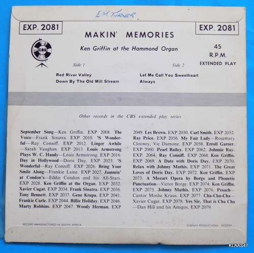Makin` Memories -  Ken  Griffin at the Hammond Organ 0 CBS EXP 2081 - 7` Single - South Africa