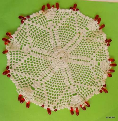 Crochet beaded doilie - milk jug- sugar bowl cover - Red beads (some broken) - 17cm Diameter