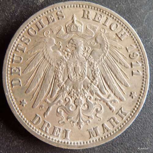 1911 3 Mark Wilhelm II Deutches Reich Prussia Germany Silver Coin