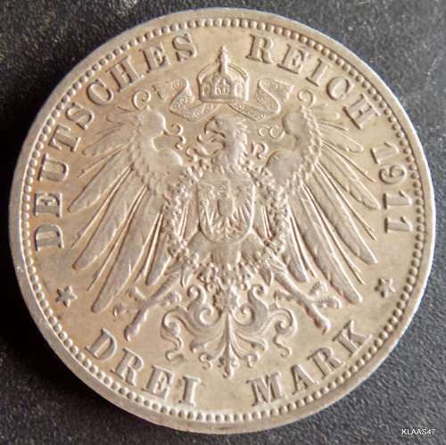 1911 3 Mark Wilhelm II Deutches Reich Prussia Germany Silver Coin