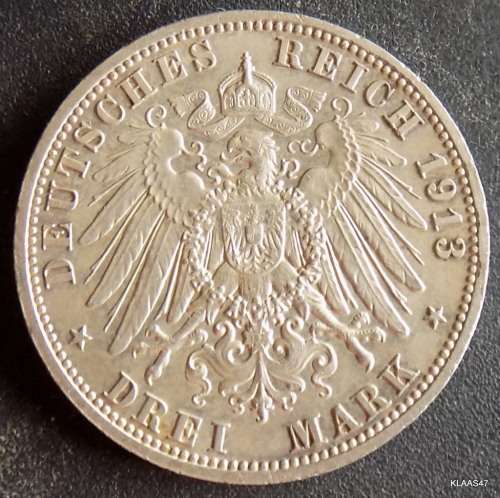 WILHELM II DEUTSCHER KAISER KONIG VON PREUSSEN - DREI MARK 1913 A