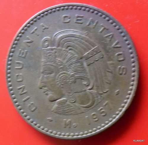 Mexico 1957 Cincuenta Centavos Aztec Ruler Cuautemoc 50 Centavos