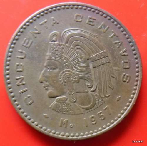 Mexico 1957 Cincuenta Centavos Aztec Ruler Cuautemoc 50 Centavos