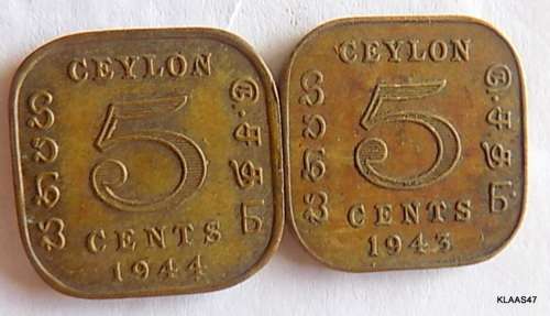 GEORGE VI KING AND EMPEROR OF INDIA - CEYLON - 5 CENTS 1943 and 1944