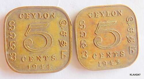 GEORGE VI KING AND EMPEROR OF INDIA - CEYLON - 5 CENTS 1943 and 1944