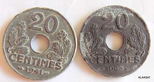 FRANCE 20 centimes 1941 and 1943  (WW2)