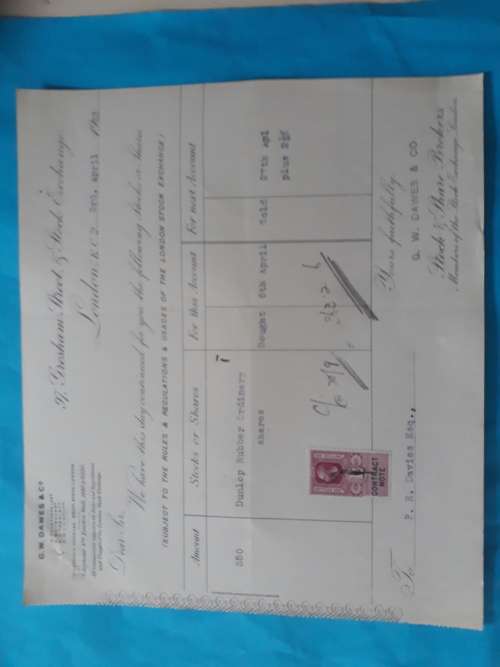 Vintage - Stock Exchange London Share Certificate/Brokers Receipt - Dunlop Rubber - 3rd April 1933